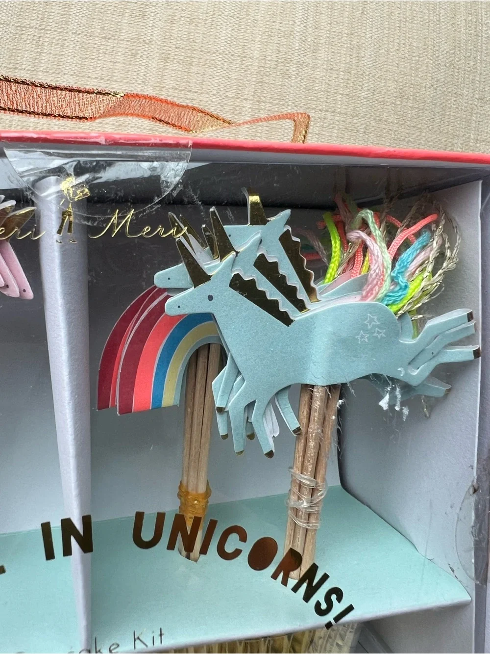 🆕 48 Meri Meri Cupcake Topper Unicorns Rainbows Metallic Gold Birthday Party NWT